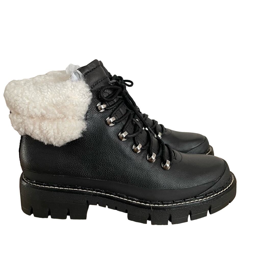 Marc Fisher Leather‎ and Shearling Trim Lace Up Lug Sole Boots Black New Size 8